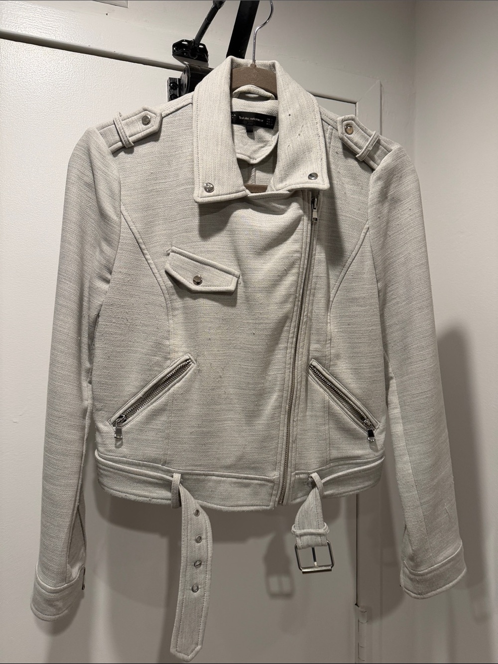 Zara Cream Textured Moto Leather Jacket